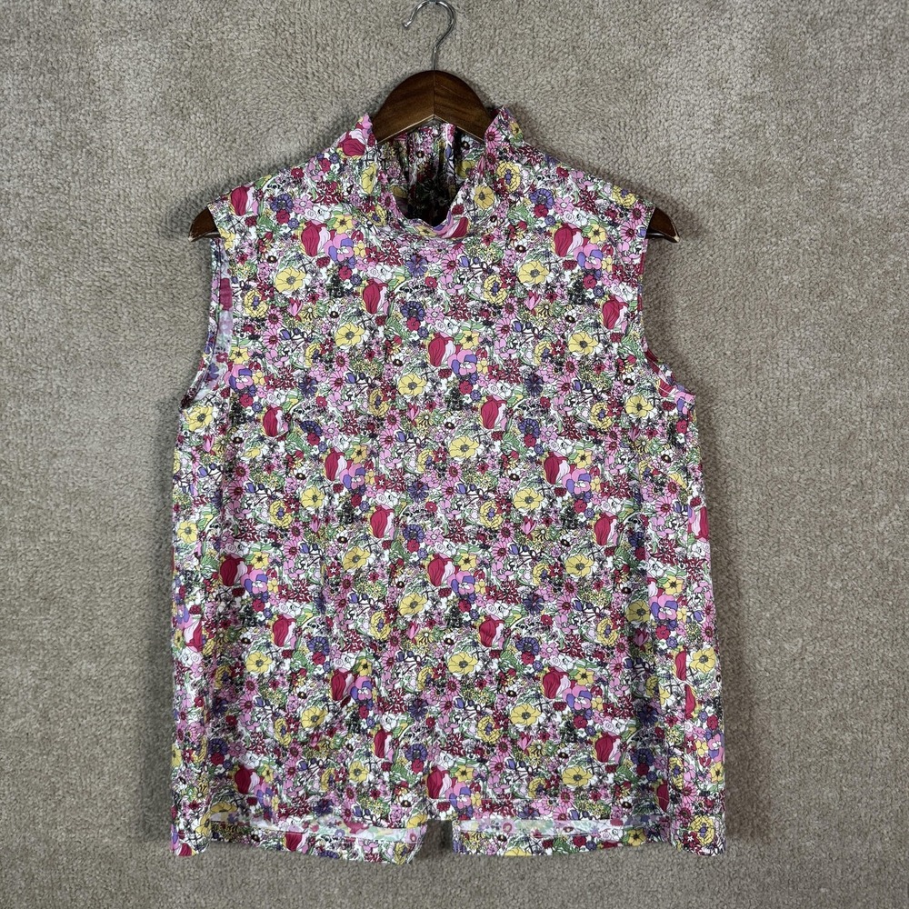 BURU Shirt Womens Medium Multicolor Floral Mock Neck‎ Button Back Cotton Top